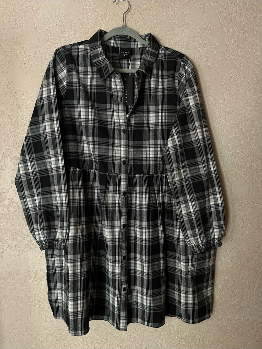 NWT Flannel Cotton Black and White Plaid Baby Doll Dress Women’s Little Bipsy